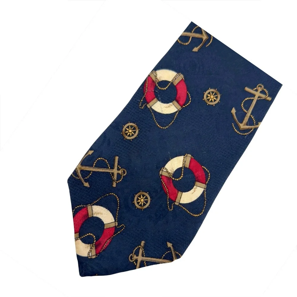 Vtg Stars Stripes Nautical Maritime Silk Tie Mens Anchor Life Ring Shipwheel USA